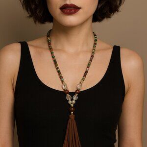 Boho Beaded Multicolor Necklace with Tassel Jewelry Handmade with Leather Tassel